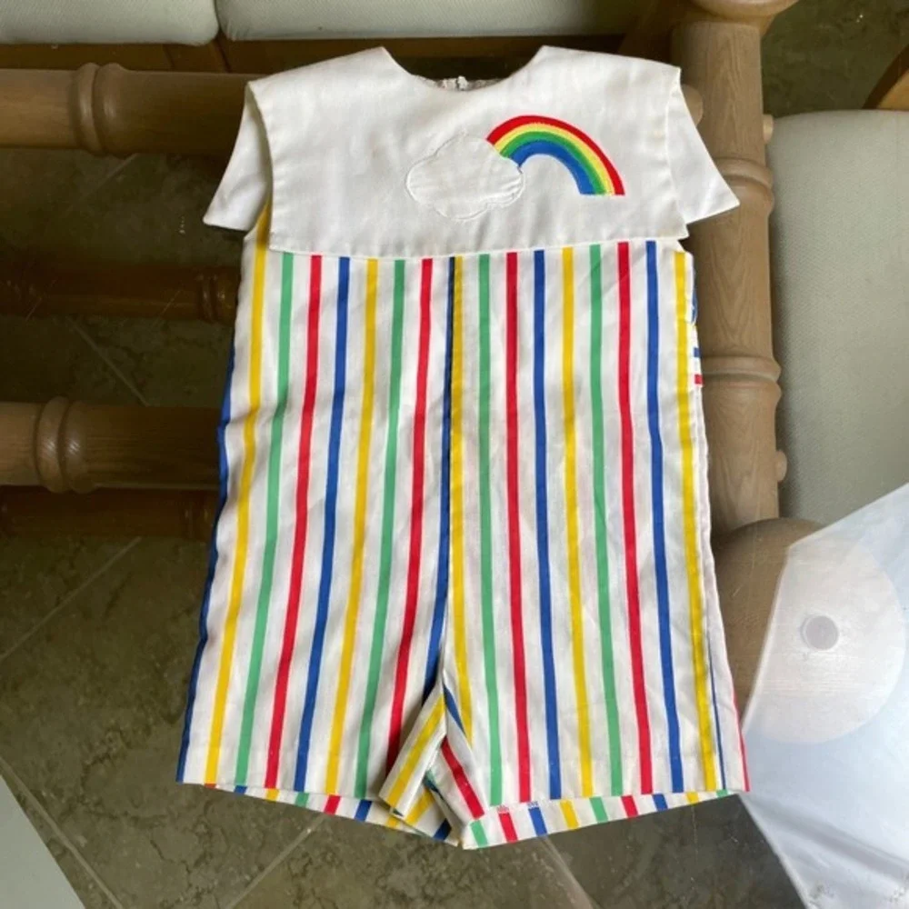 Funtasia Too Rainbow Romper Striped Pockets Vintage Colorful Kids 3T